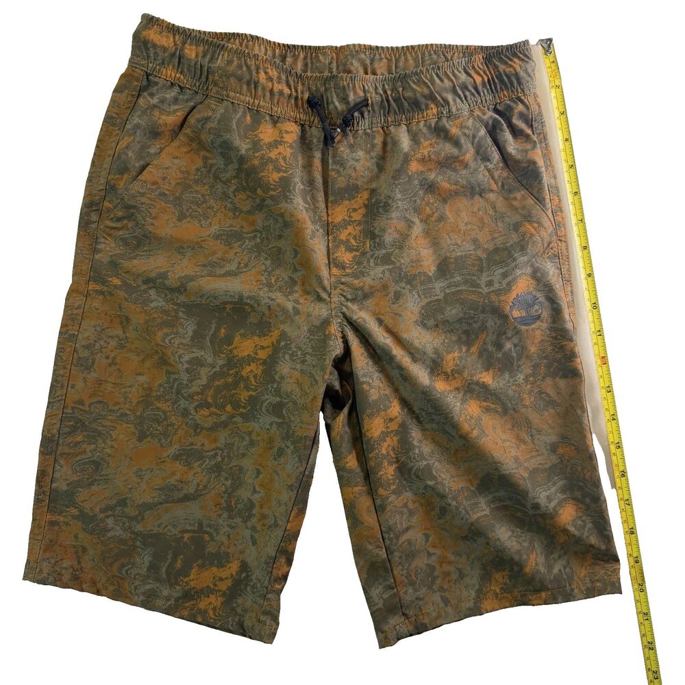 Timberland Boys Swim Trunks L 14 16 Green Orange Abstract Board Shorts Lined